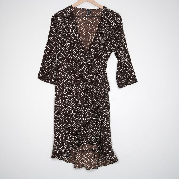 Vero Moda Womens‎ Wrap Mini Dress Medium Brown White Polka Dots Ruffle Brunch - Picture 2 of 10